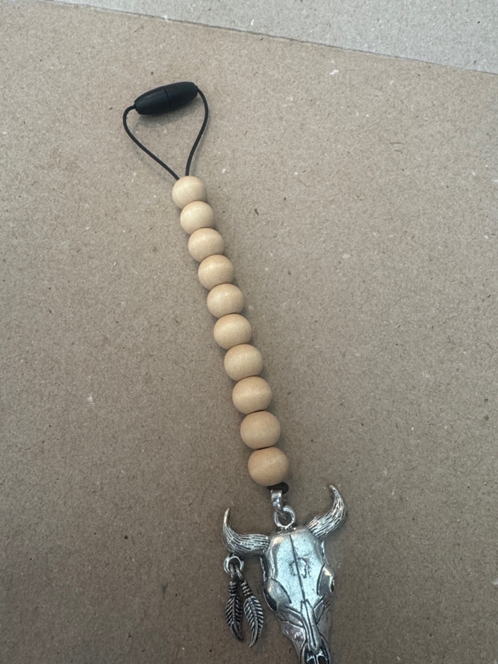 Wooden Bead Keychain with Silver Bull Skull Charm- for REARVIEW mirror